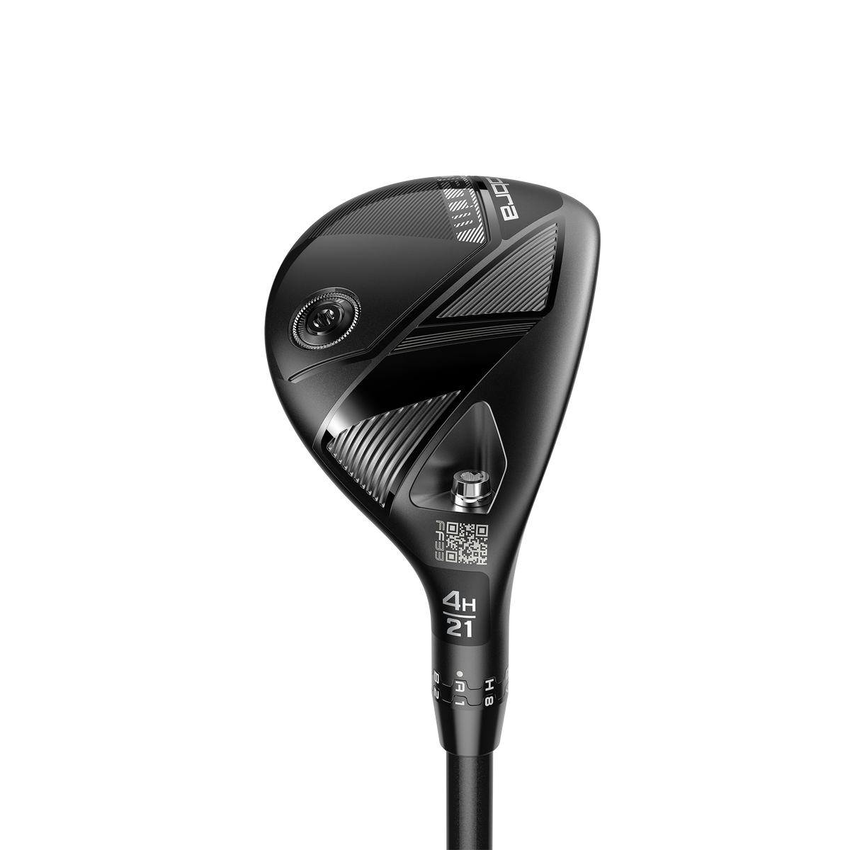 Cobra OPTM Hybrid i svart finish sedd ur adress-position, med bred och grund klubbprofil för hög MOI och FutureFit33-hosel synlig vid skaft-fästet